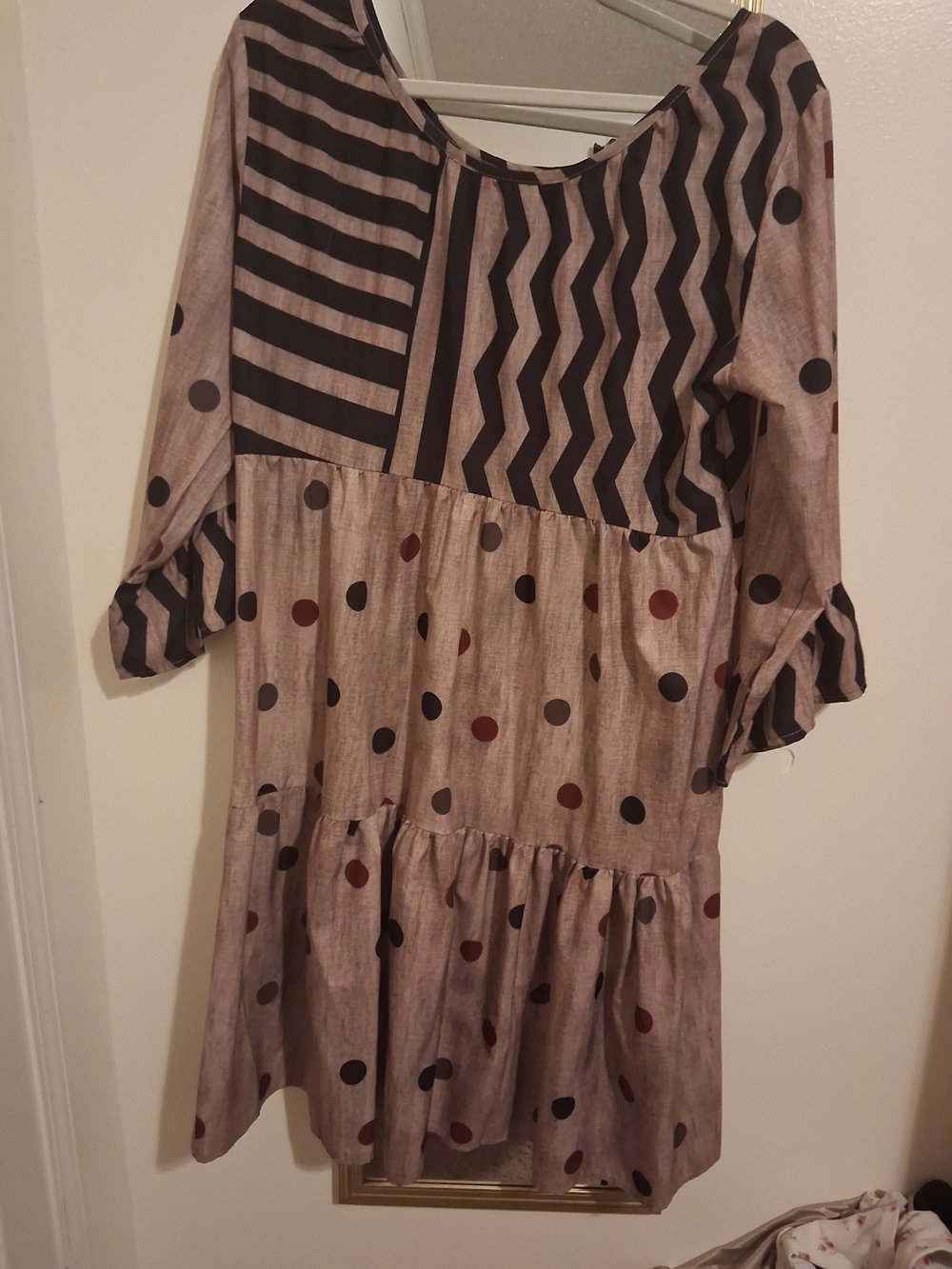 Beige Polka Dot & Geometric Tiered Dress